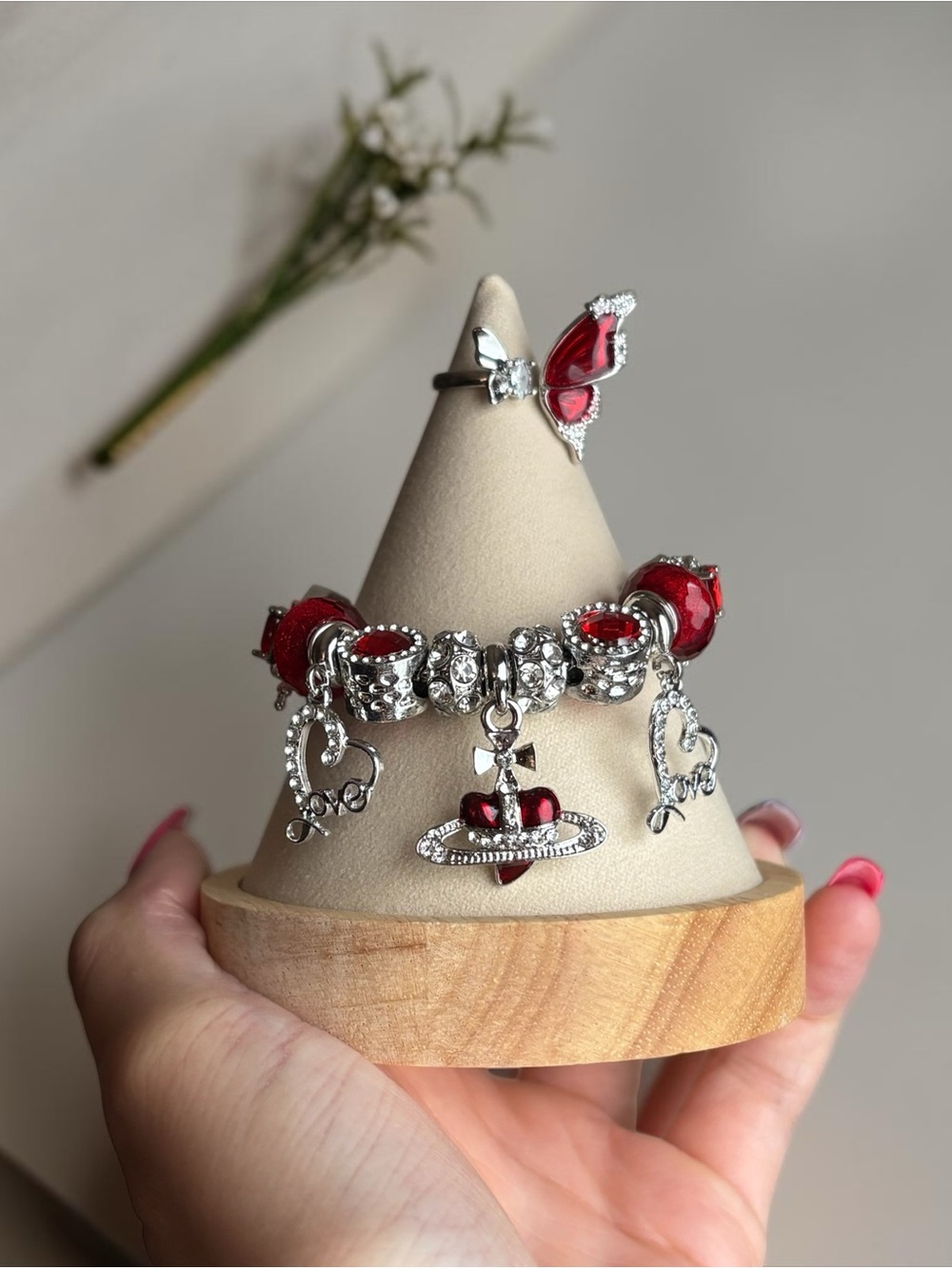 Silver Red Heart Charm Bracelet with Ring